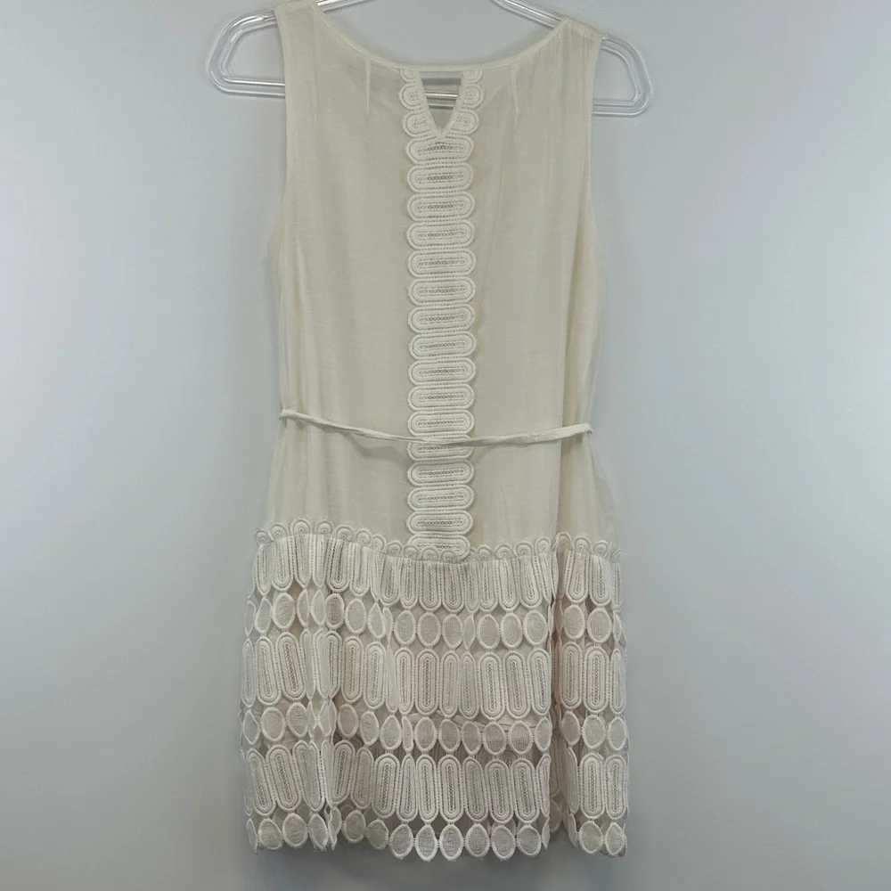 Gracia Cream Lace Panel Silk Blend Sleeveless Mini Dress Boho Romantic L